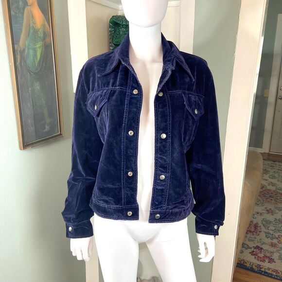 Vintage 70s Navy Blue Velvet Jean-Denim-Style Jacket Wide Collar felt velveteen - Picture 12 of 15